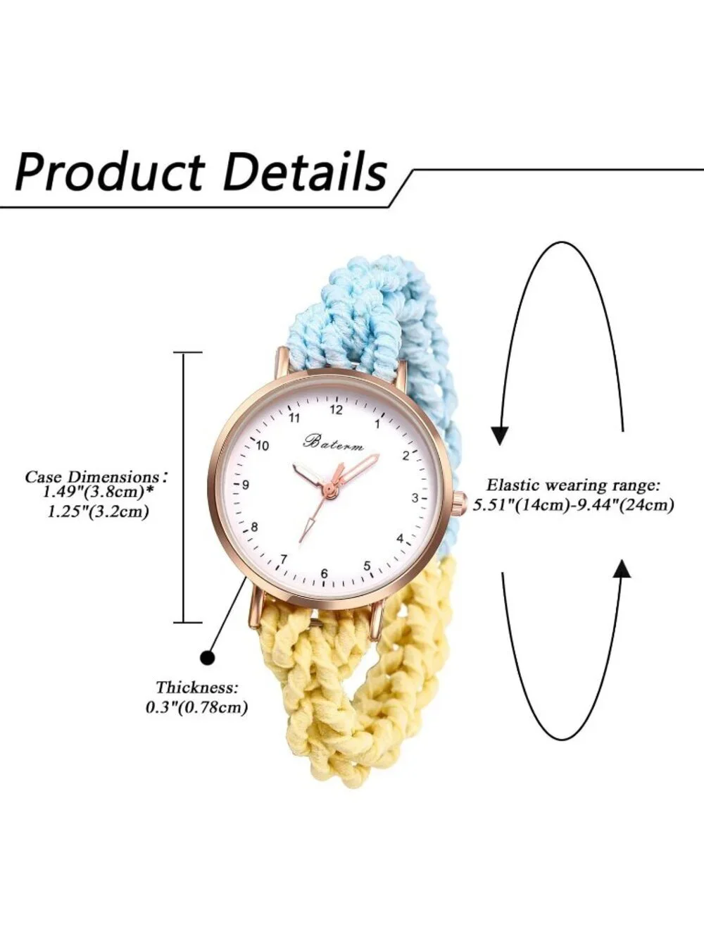 Women's Blue Yellow Analog Stretch Band Elastic Colorful Weave Rope Wrist Watch